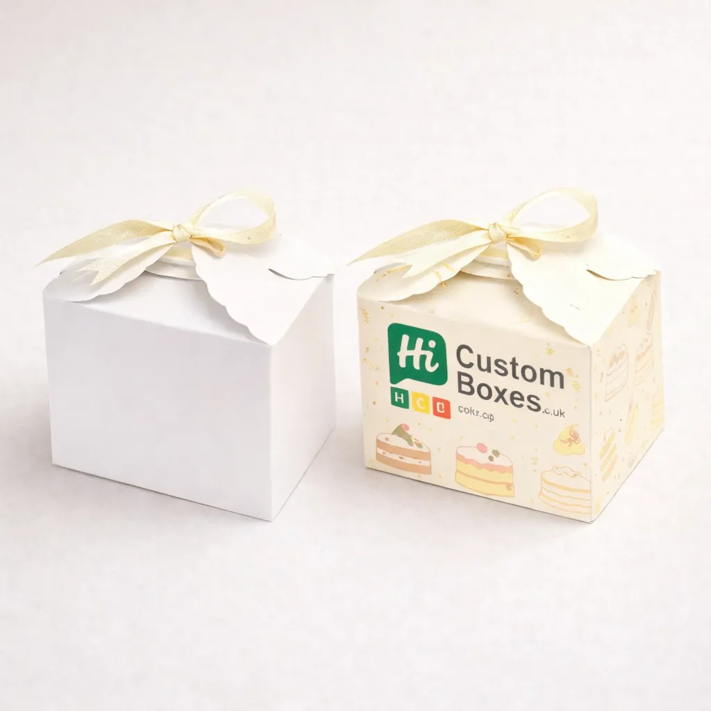 Two white gift boxes tied with blue ribbons, one plain and one featuring custom branding. class=